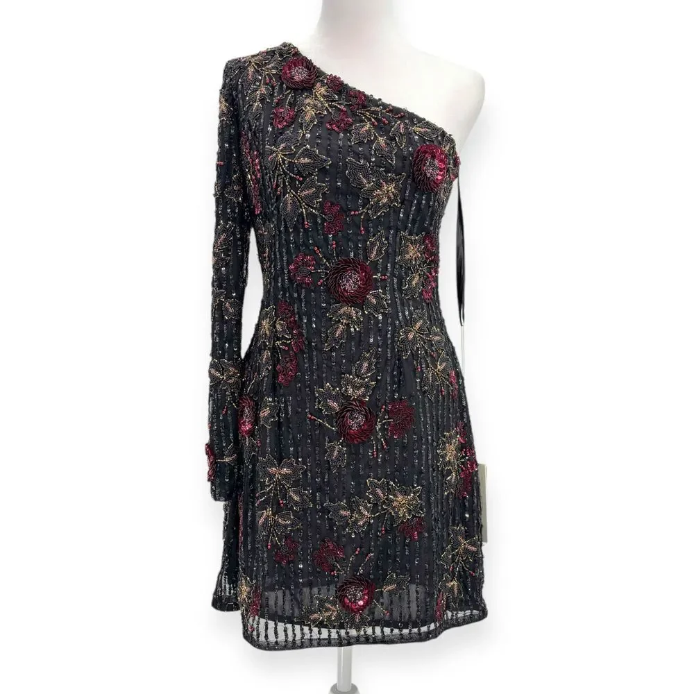 Mac Duggal NEW Black One Shoulder Floral Leaf Embellished Mini Dress $558 Size 6